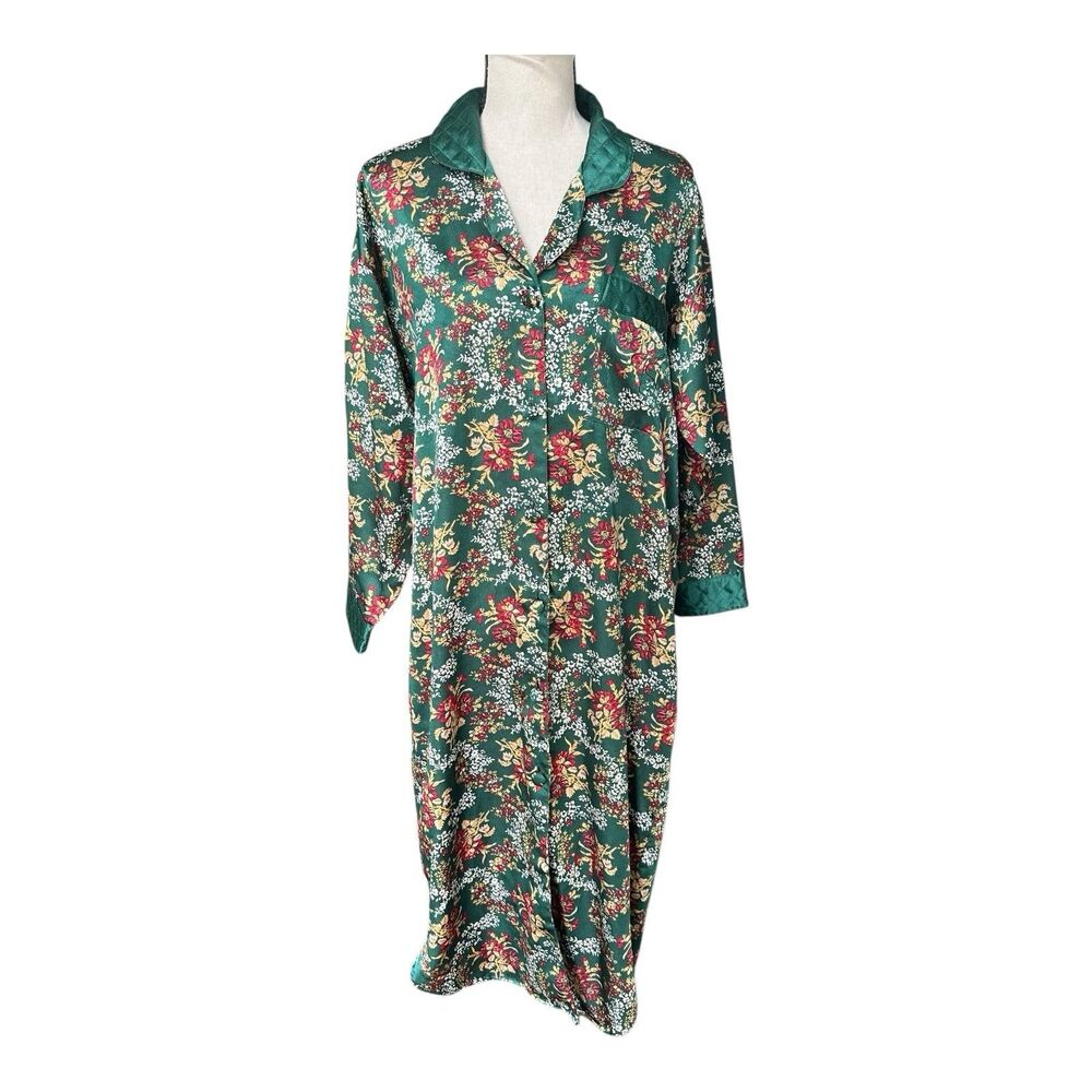Vintage 80s 90s Gold Label VS Green Floral Satin Nightshirt Robe Quilted Collar